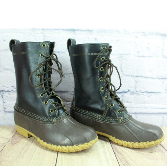 LL Bean Black Leather Lace Up Round Toe Unlined Mid Calf Duck Boots Size 7 M - Picture 3 of 9